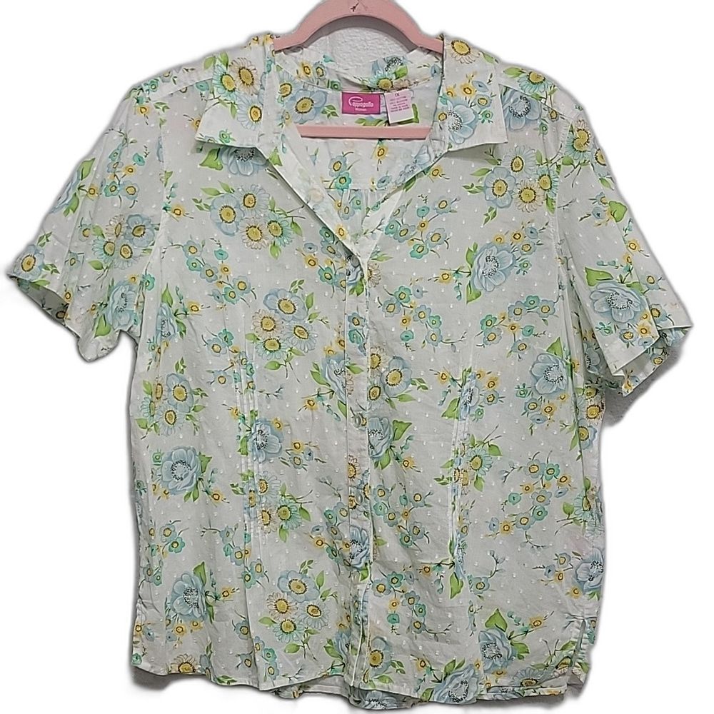 Cappagio Button Up Short Swiss Dot Floral Blouse Yellow Green Size 1X